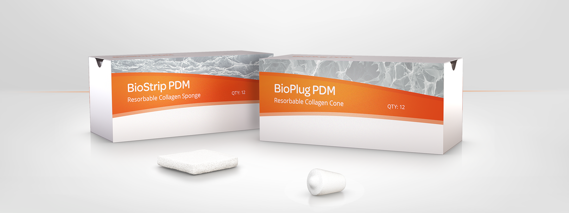 BioStrip PDM and BioPlug PDM packages One package of BioStrip PDM and the product in front. To it's right side is a package of BioPlug PDM and the propuct in front